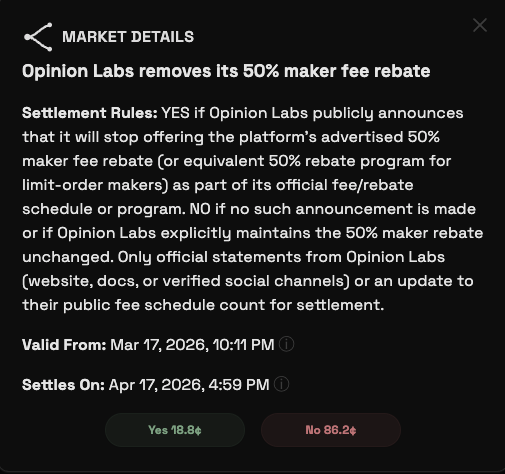 PriorSwap's tweet photo. @thenarrator Think Opinion will (or won't) scrap the fee rebate in the next month? The AI market maker on https://t.co/PnlXyztJtS will take that bet with you :) https://t.co/bMLgKjOcgc