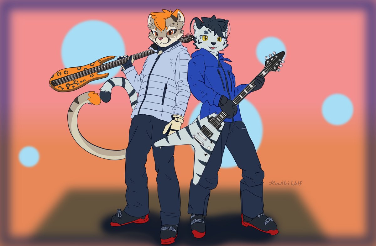I did say their photo kind of looked like they could be holding instruments sooo... Here it is
<a href="/cheetah_paws/">⚡️CheetahPaws 獵豹爪⚡ HiFurry - OFFF</a> <a href="/FurryGintan/">银碳Gintan➡️関西けもケット</a> 
I didn't know which should have what instrument, so I gave Chi an electric base, and Gintan an electric guitar