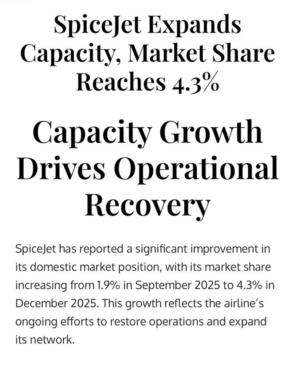 flyspicejet's tweet image. A stronger network, increased capacity, and a sharper operational focus have led to a significant rise in SpiceJet’s market share. We remain committed to sustaining this momentum in the quarters ahead.

#flyspicejet #spicejet 

(1/2)