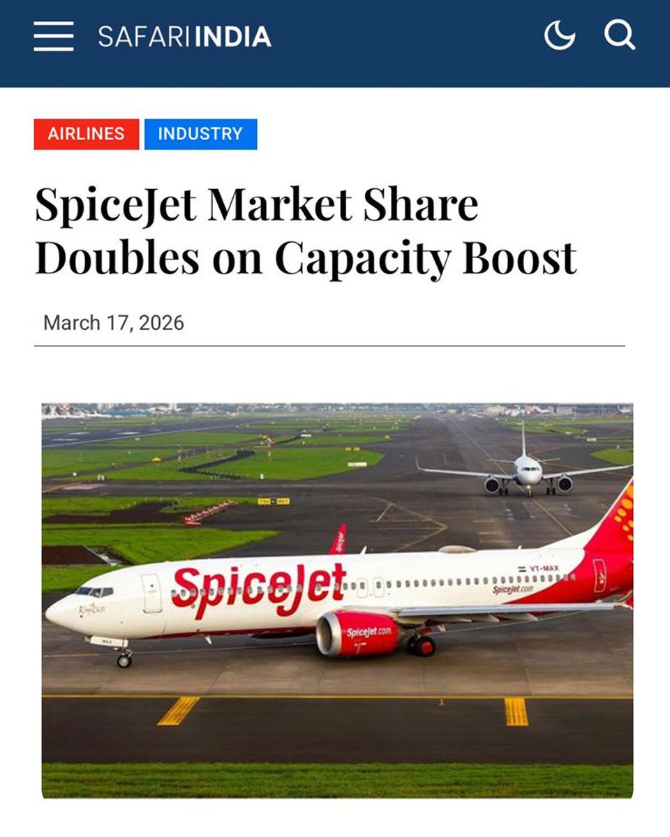 flyspicejet's tweet image. A stronger network, increased capacity, and a sharper operational focus have led to a significant rise in SpiceJet’s market share. We remain committed to sustaining this momentum in the quarters ahead.

#flyspicejet #spicejet 

(1/2)
