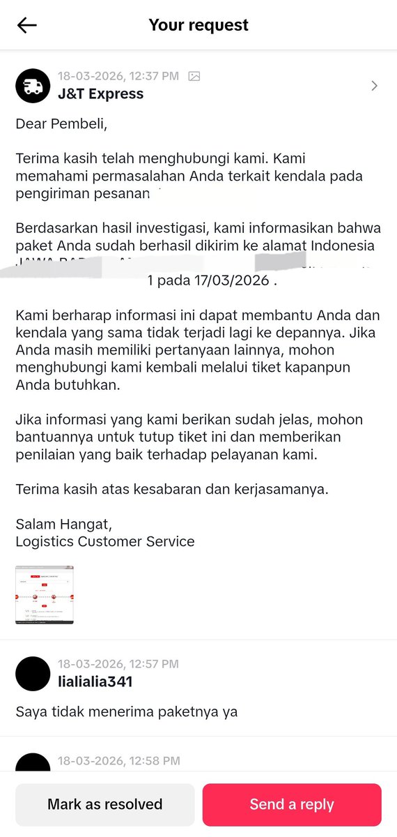 lialiyani's tweet photo. BAGAIMANA INI?
SAYA ATAUPUN KELUARGA SAYA DI ALAMAT TERCANTUM TIDAK PERNAH MENERIMA PAKET PADA TANGGAL TERSEBUT? https://t.co/76chklvLBJ