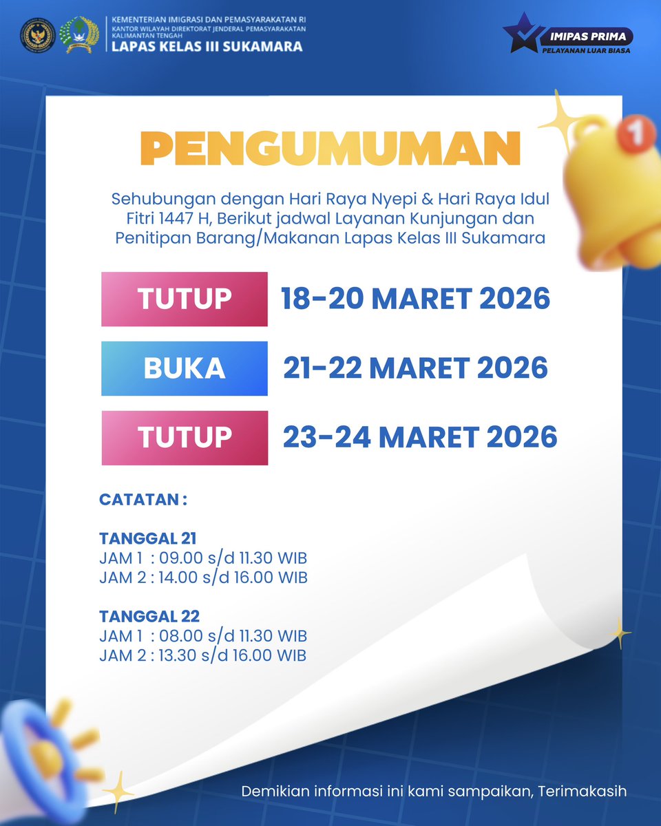 lapassukamara's tweet image. Hallo sobat Lakara, 👋
Berikut Jadwal dan Aturan Layanan Kunjungan dan Penitipan Barang pada Lapas Kelas III Sukamara. 

#Fromdreamtoreality
#kemenimipas
#lapassukamara
#kabarlakara
Ditjenpas
pemasyarakatan
guardandguide
DitjenpasKalteng
IPutuMurdiana
infoimipas