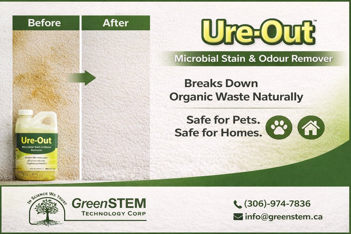 greenstemsk's tweet image. Ure-Out uses natural microbes to eliminate stains and odours at the source. Safe, effective, and eco-friendly for homes, pets, and more.
#UreOut #GreenStem #EcoClean #OdourRemoval #PetCare