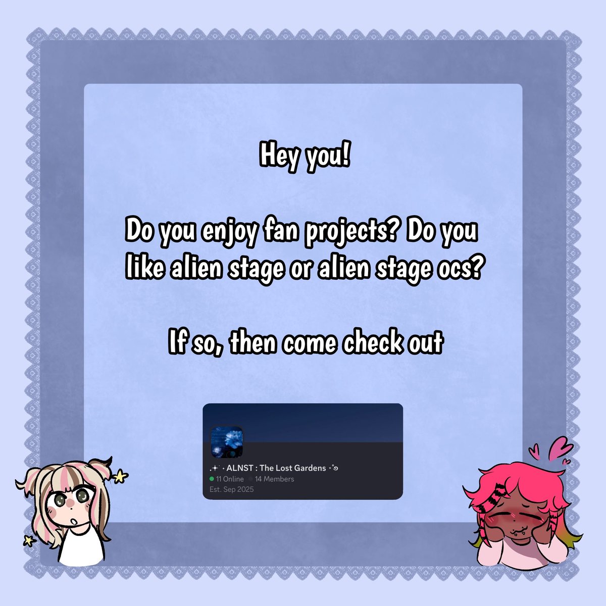 Hello twt !! This is an account created to help promo and share The lost gardens : An alien stage Fan Project, If you are interested please join the discord in our bio ! 🌸
 #TheLostGardens #alnst #fanproject