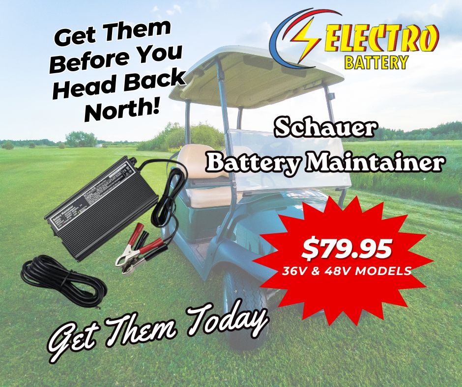 Electrobattery's tweet photo. Maintain your golf cart batteries with Schauer Battery Maintainer. Available for both 36v and 48v carts, on sale at $79.95. Extend battery life and performance before your trip north. Keep your cart ready and reliable with minimal effort. #electrobatteryincstpete #golfcartbattery https://t.co/HZgbH1ahBI