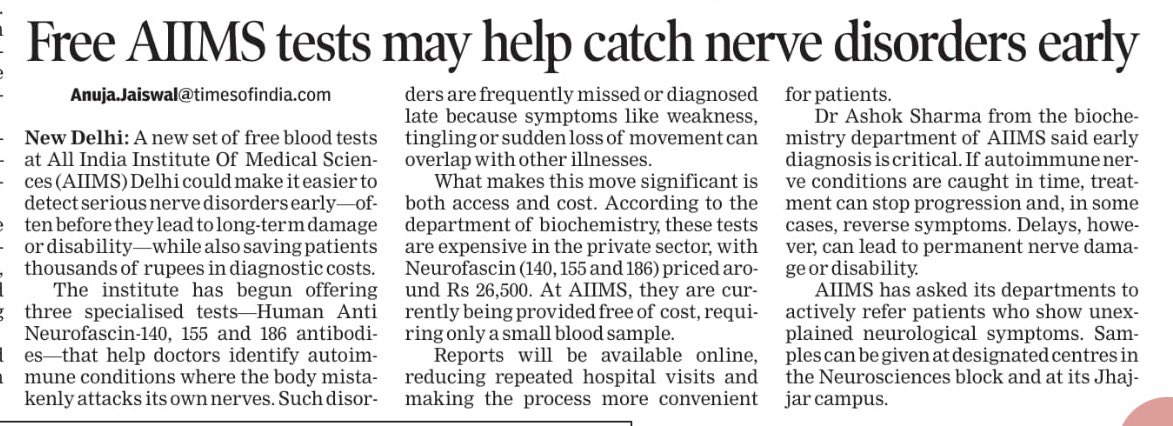 AnujaJaiswalTOI's tweet image. A new set of free blood tests at AIIMS Delhi could make it easier to detect serious nerve disorders early—often before they lead to long-term damage or disability—while also saving patients tens of thousands of rupees in diagnostic costs. #aiimsdelhi #tests #free @timesofindia