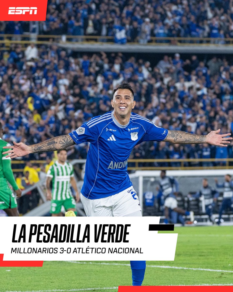 ESPNColombia's tweet photo. 😈🔥 LA PESADILLA TUYA SOY YO

🔵⚽ MILLONARIOS GOLEÓ A NACIONAL CON OTRA NOCHE BRILLANTE DE CONTRERAS

🎯👥 García y Leonardo Castro, los otros dos tantos

🟥⚠️ Nacional tuvo DOS expulsados: Tesillo y Campuzano

📊📍 EL verde sigue líder, Millonarios se mete a los 8 con 17 puntos y 12 partidos jugados