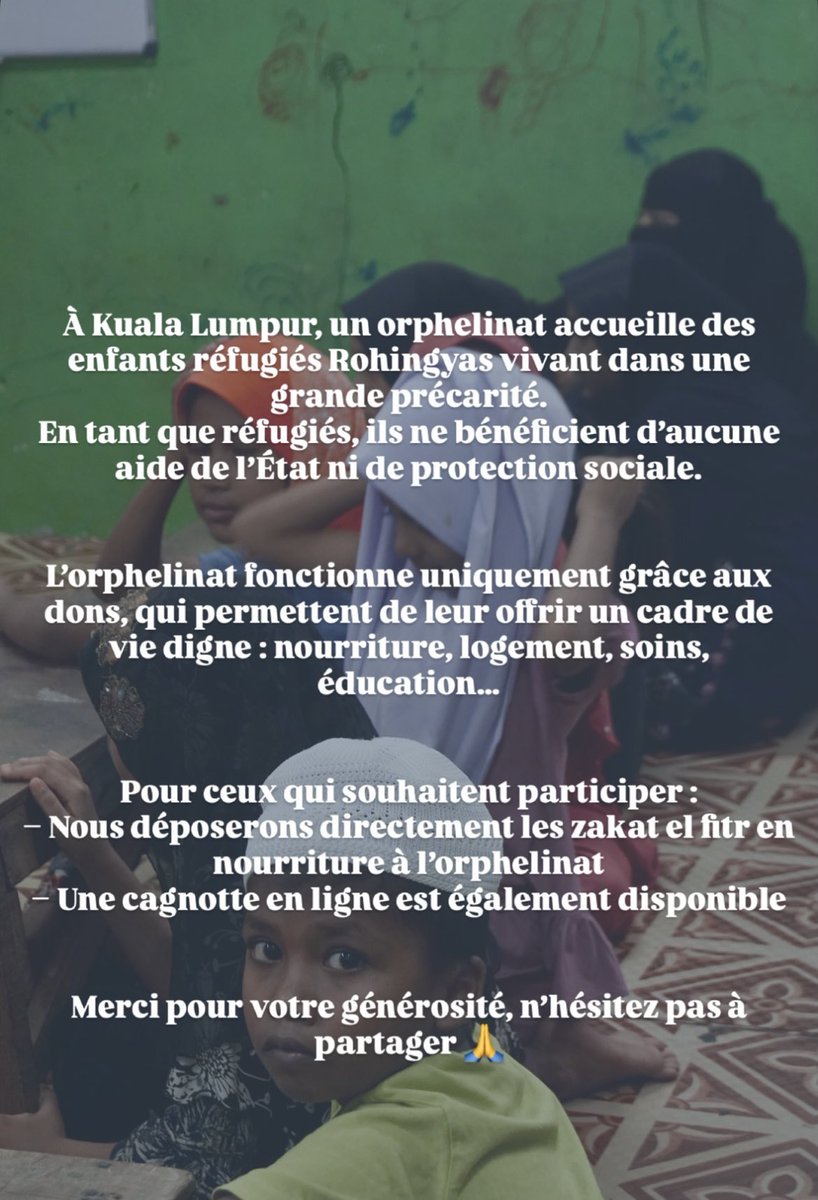 __lxonc__'s tweet photo. Salamaleykum, 

‼️ Une cagnotte est en ligne pour aider un orphelinat à Kuala Lumpur accueillant des enfants réfugiés Rohingyas. 
Chaque euros et chaque partage compte. 

Merci pour votre générosité en ce mois bénit, qu’Allah vous récompense 🤲🏻✨

https://t.co/BZoUzOwKAN https://t.co/1p73VDQCBQ