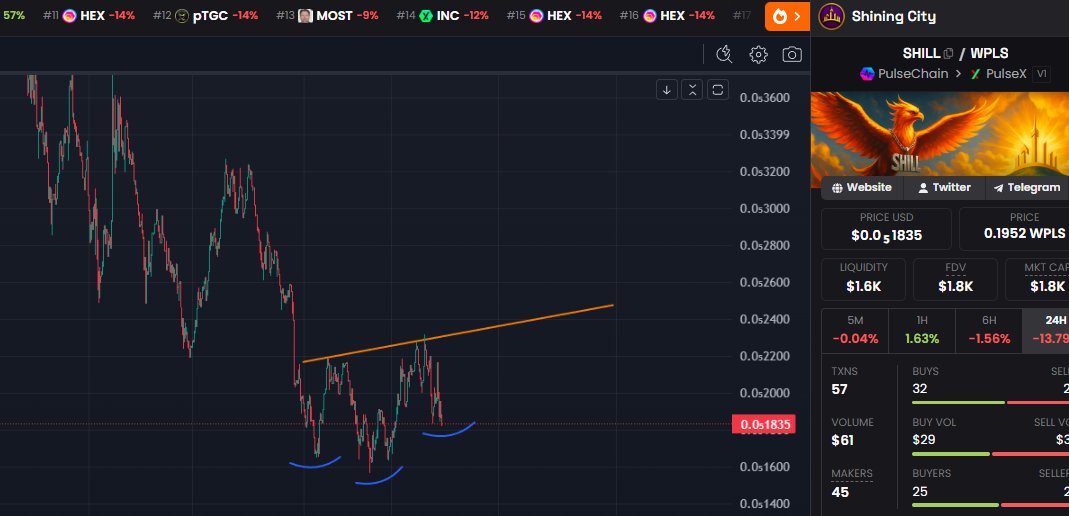 ShillPLS's tweet photo. Could we end up seeing a massive head and shoulders pattern here on $SHILL which would be the first higher lower in a long time (the whole market is struggling). But here we are, an unappreciated PulseChain micro cap, which by definition, allows for massive upside moves with minimal capital.

It's all about the wpls chart though because we've been outperforming PLS only for nearly the last 2 months. What more could you want? BULLISH
