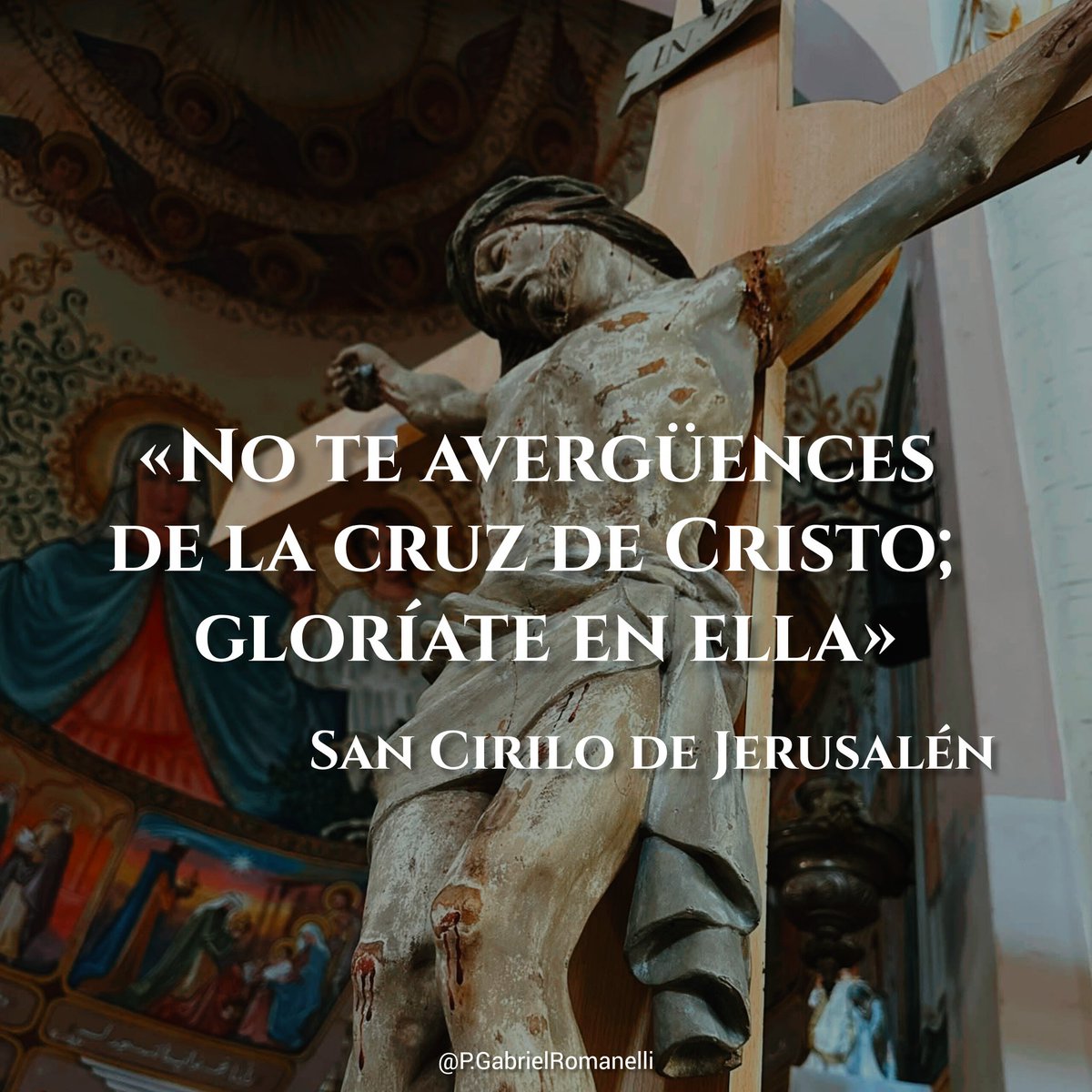 PGabRomanelli's tweet photo. “No te avergüences de la cruz de Cristo; más bien, gloríate en ella. Si alguno la oculta, tú márcate abiertamente con ella en la frente, para que los demonios, al ver este signo real, huyan temblando. Haz la señal de la cruz al comer y al beber, al sentarte y al levantarte, al hablar y al caminar; en una palabra, en toda ocasión.”
📖 San Cirilo de Jerusalén (Catequesis 13, 36)
