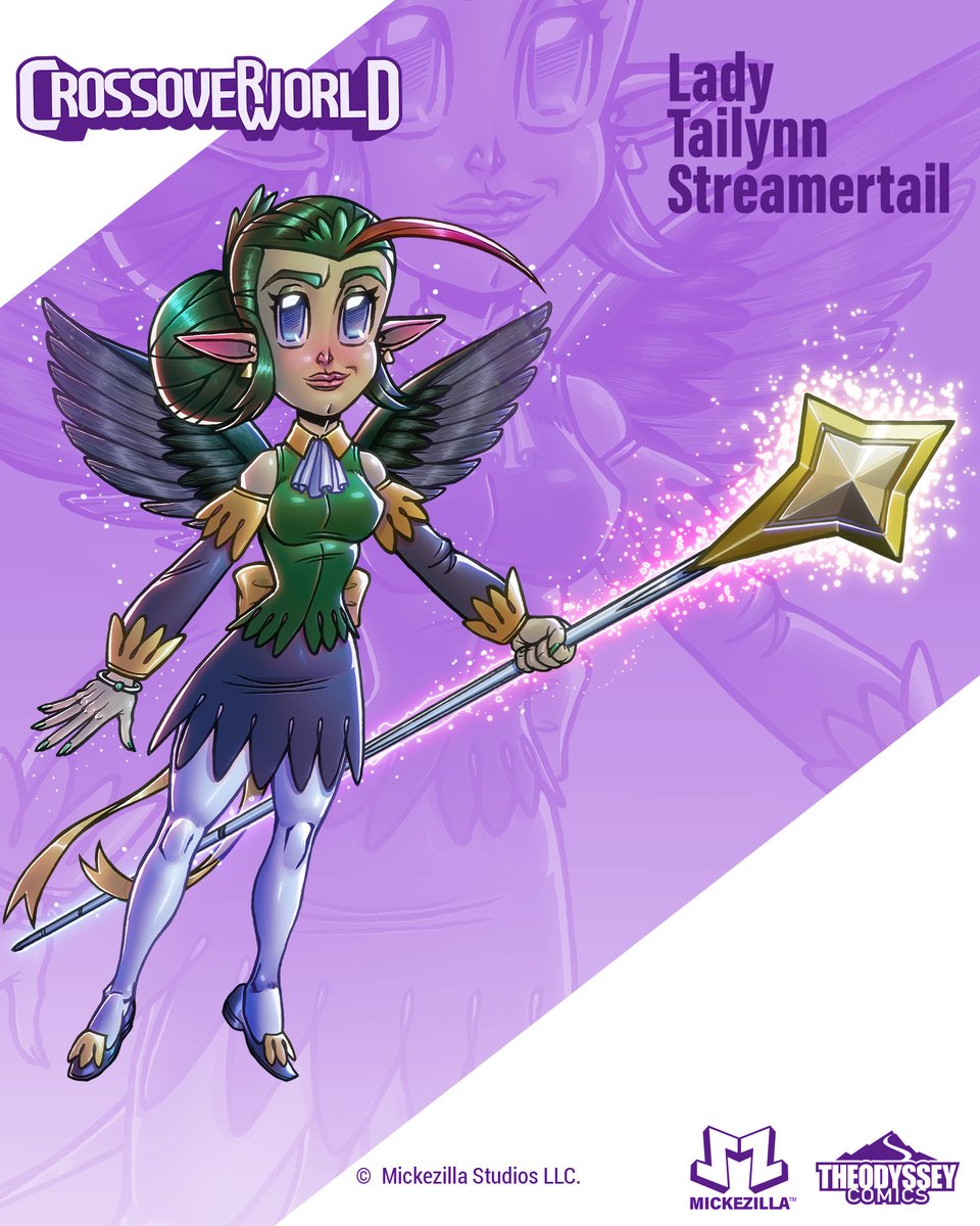 Mickezilla's tweet image. Lady Tailynn Streamertail 💚📷A Feyfolk noble trained in discipline, diplomacy, and magic. Green hair, hummingbird wings, and a minimalist magecore vibe, where Dirk is chaos, Tailynn is control.  #CrossoverWorld #TailynnStreamertail #CharacterDesign