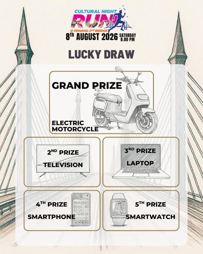 arestahir's tweet photo. CULTURAL NIGHT RUN 2026

Tarikh: 8 Ogos 2026 (Sabtu)
Masa: 8:00 malam
Lokasi: Sultan Abdul Halim Mu’adzam Shah Bridge (Jambatan Kedua Pulau Pinang)

Kategori:
5KM
10KM
21KM

Promo Code Link :
https://t.co/29PzJlwF1l https://t.co/H3xGgHICeH