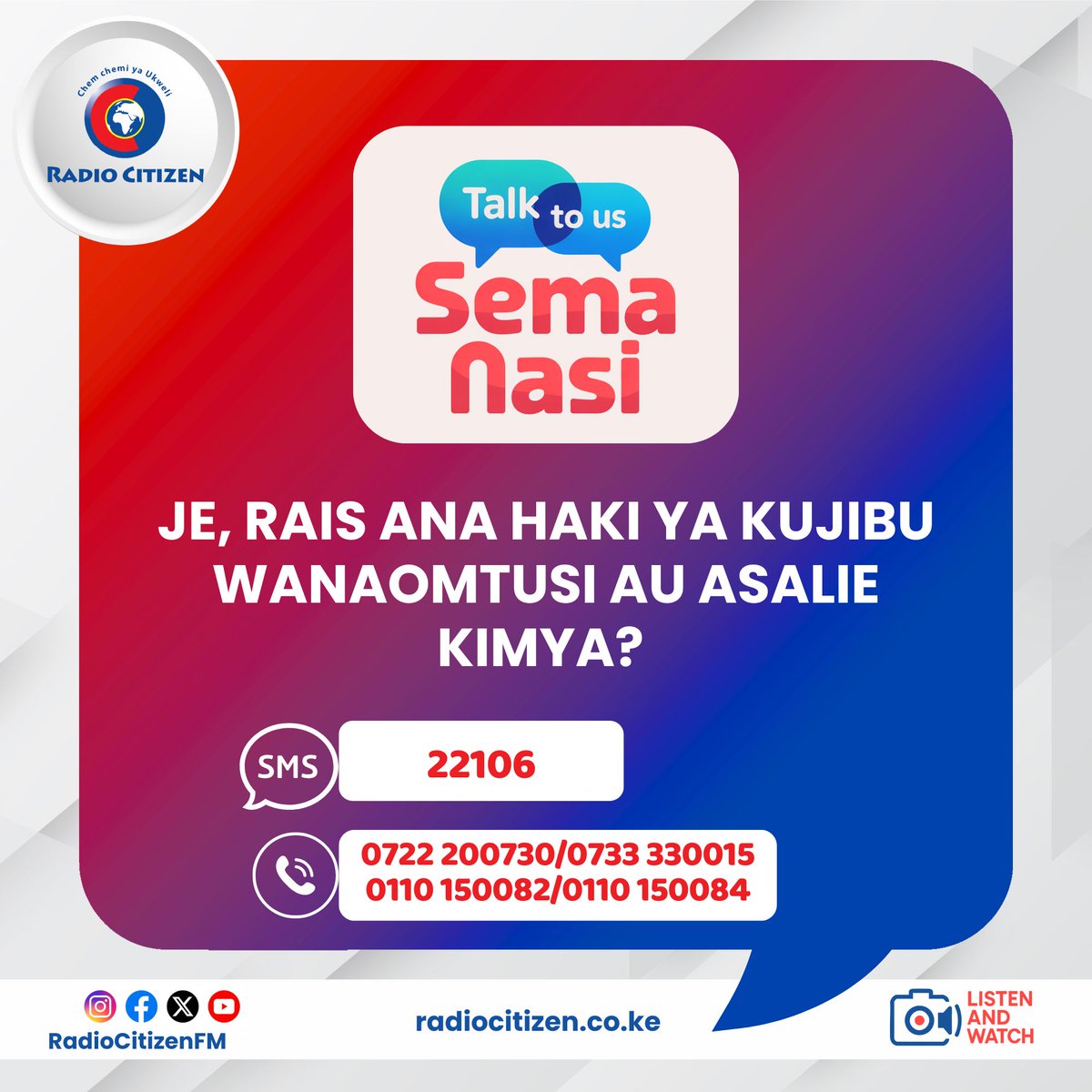 RadioCitizenFM's tweet photo. Je, Rais ana haki ya kujibu wanaomtusi au asalie kimya? 

Sema nasi 
#JamboKenya
#RadioNumberOne
@VincentAteya @Murutuphilip https://t.co/vitIsndW6S