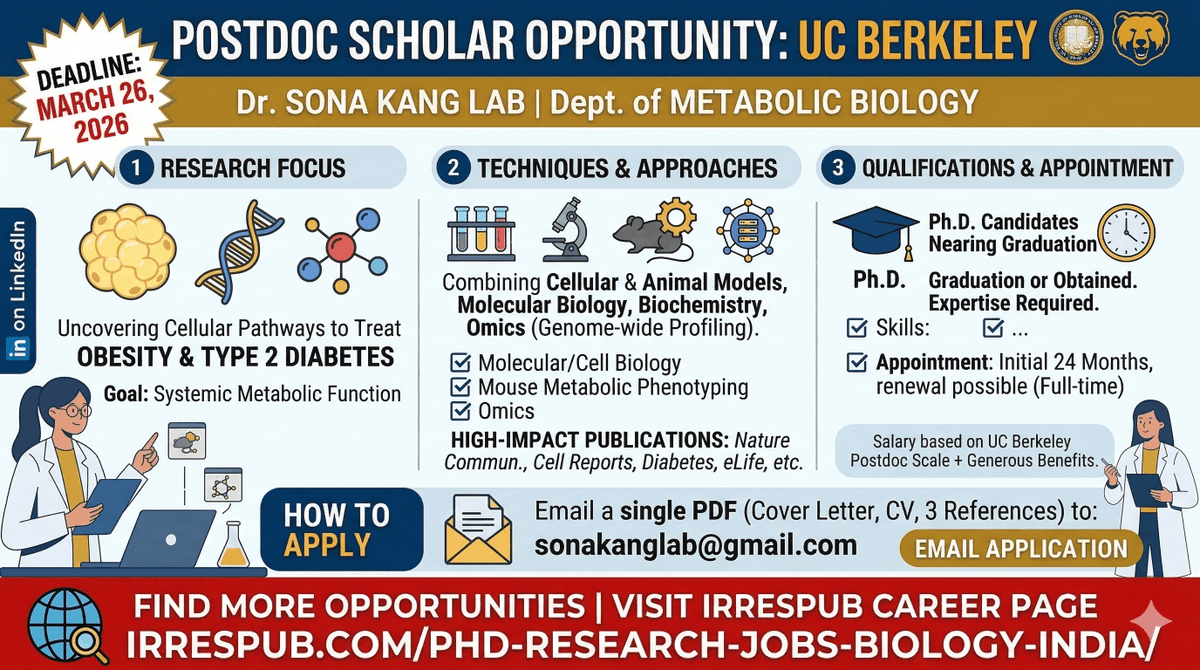 🎓 POSTDOC OPENING @ UC BERKELEY 🐻

Lab: Dr. Sona Kang (Metabolic Biology) Focus: Obesity, Type 2 Diabetes 🔬 Req: PhD, strong skills in molecular biology or mouse phenotyping. 🗓️ Deadline: March 26, 2026
Full details : 👉 irrespub.com/phd-research-j…
#PostdocJobs #AcademicTwitter