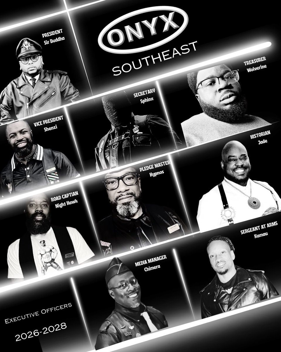 Meet the leaders shaping the future. 🖤

The 2026–2028 Executive Officers of ONYX Southeast are committed to service, visibility, and strengthening the brotherhood within the leather community.

#OnyxSoutheast #OnyxBrotherhood #LeatherCommunity
