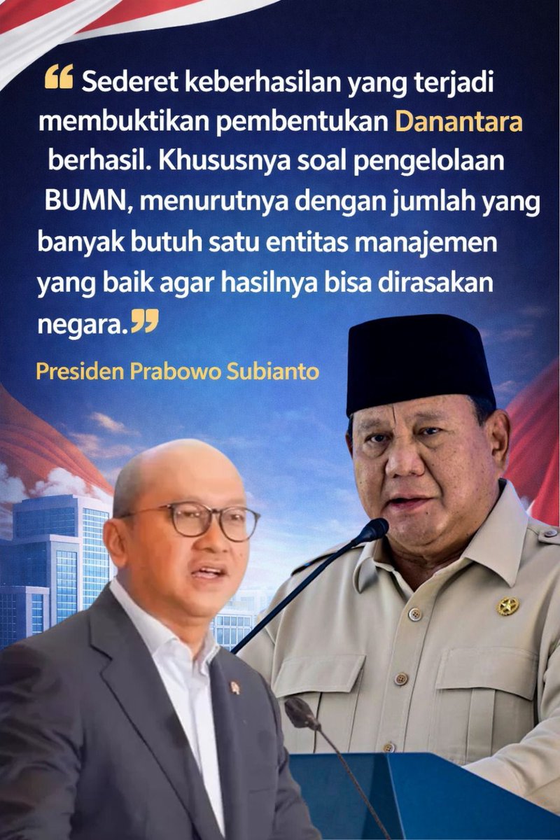 ichapacarsehun's tweet photo. Sederet keberhasilan membuktikan pembentukan Danantara berhasil! Pengelolaan BUMN yang banyak butuh entitas manajemen baik, dan Danantara hadir mewujudkannya demi kebaikan negara. #HarapanBangsa https://t.co/R2Voxd2YcW