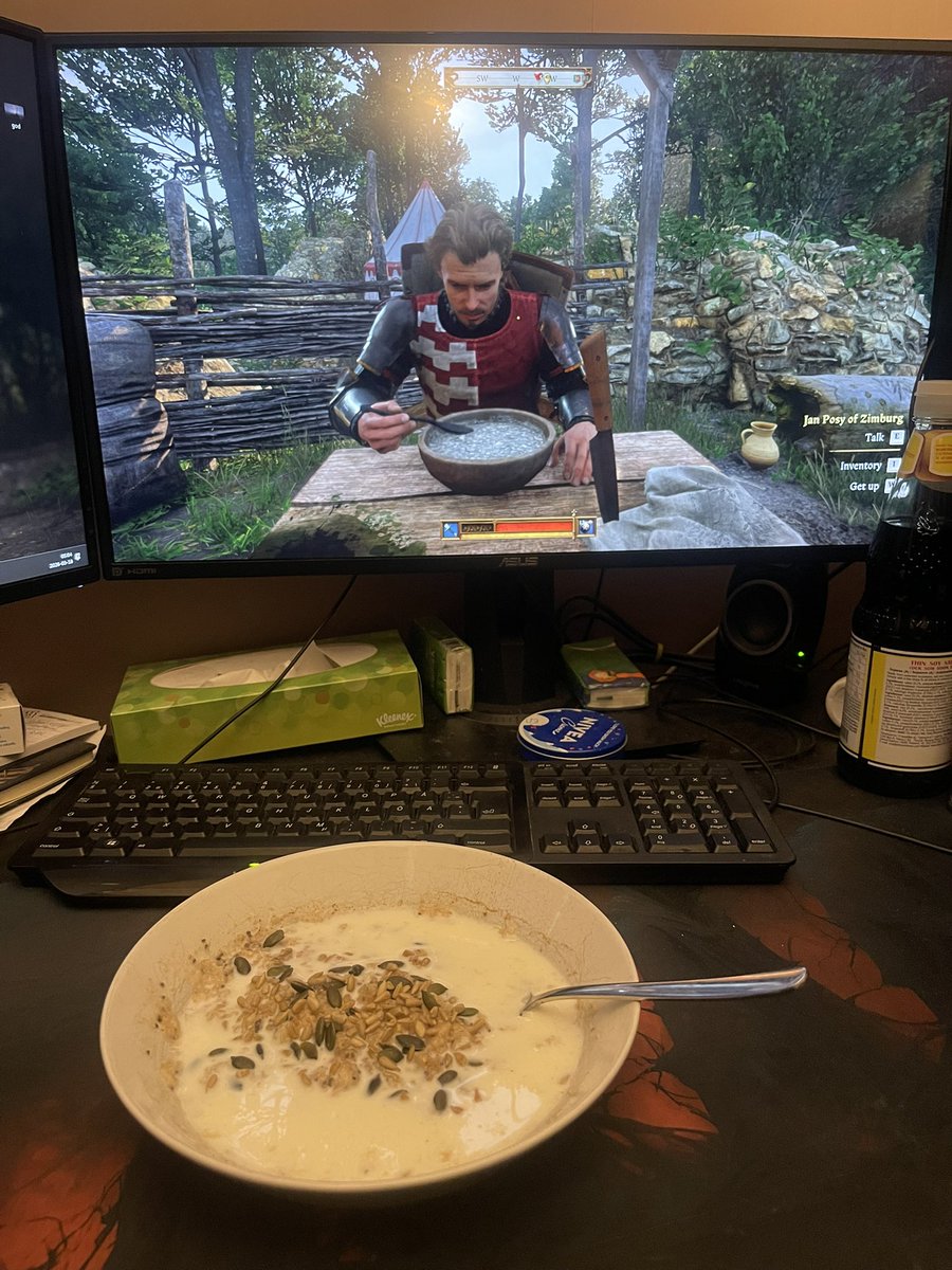 Eating breakfast together since we won't see each other in a week