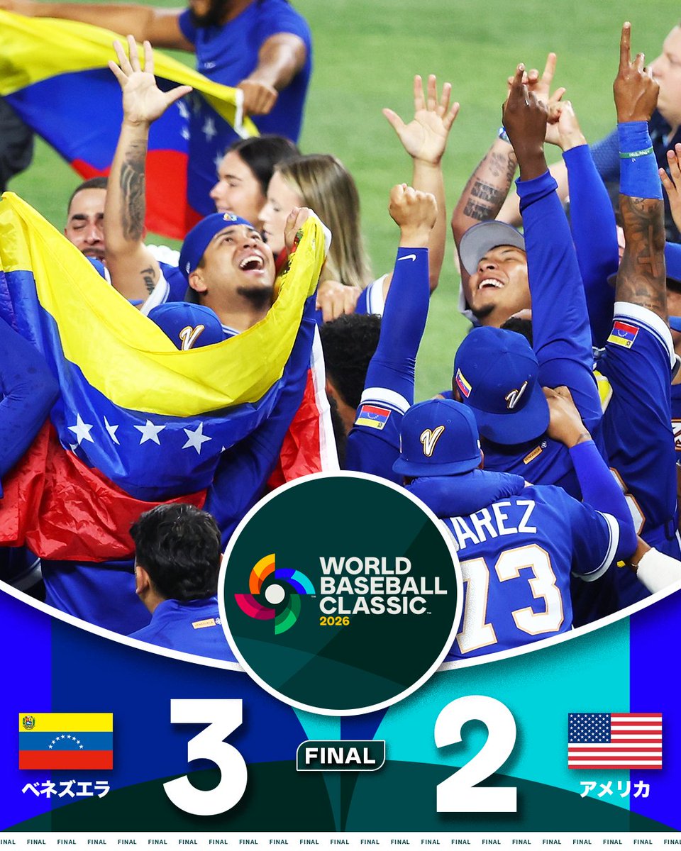 ベネズエラが #2026ワールドベースボールクラシック 優勝 🏆🎉
中盤までに2点リードを奪い、8回に追いつかれるも、9回にすぐさま勝ち越し！
3対2でアメリカとの熱戦を制し、チーム初優勝を果たしました🇻🇪
#2026ワールドベースボールクラシック
#WorldBaseballClassic