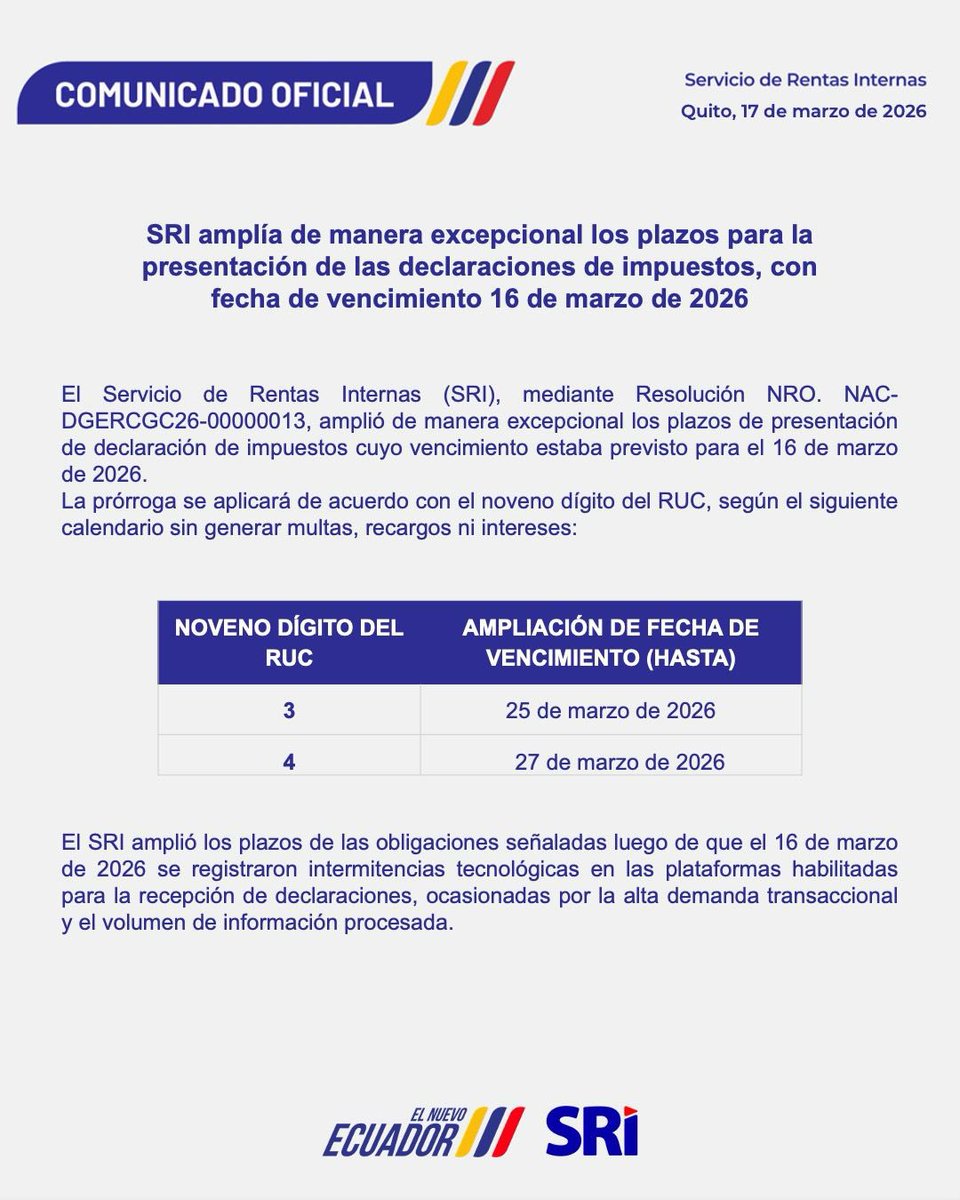 📣 COMUNICADO OFICIAL 

SRI amplía de manera excepcional los plazos para la presentación de las declaraciones de impuestos, con fecha de vencimiento 16 de marzo de 2026.

Descarga la resolución 👉🏼 bit.ly/4sfMrNH

#ElNuevoEcuador