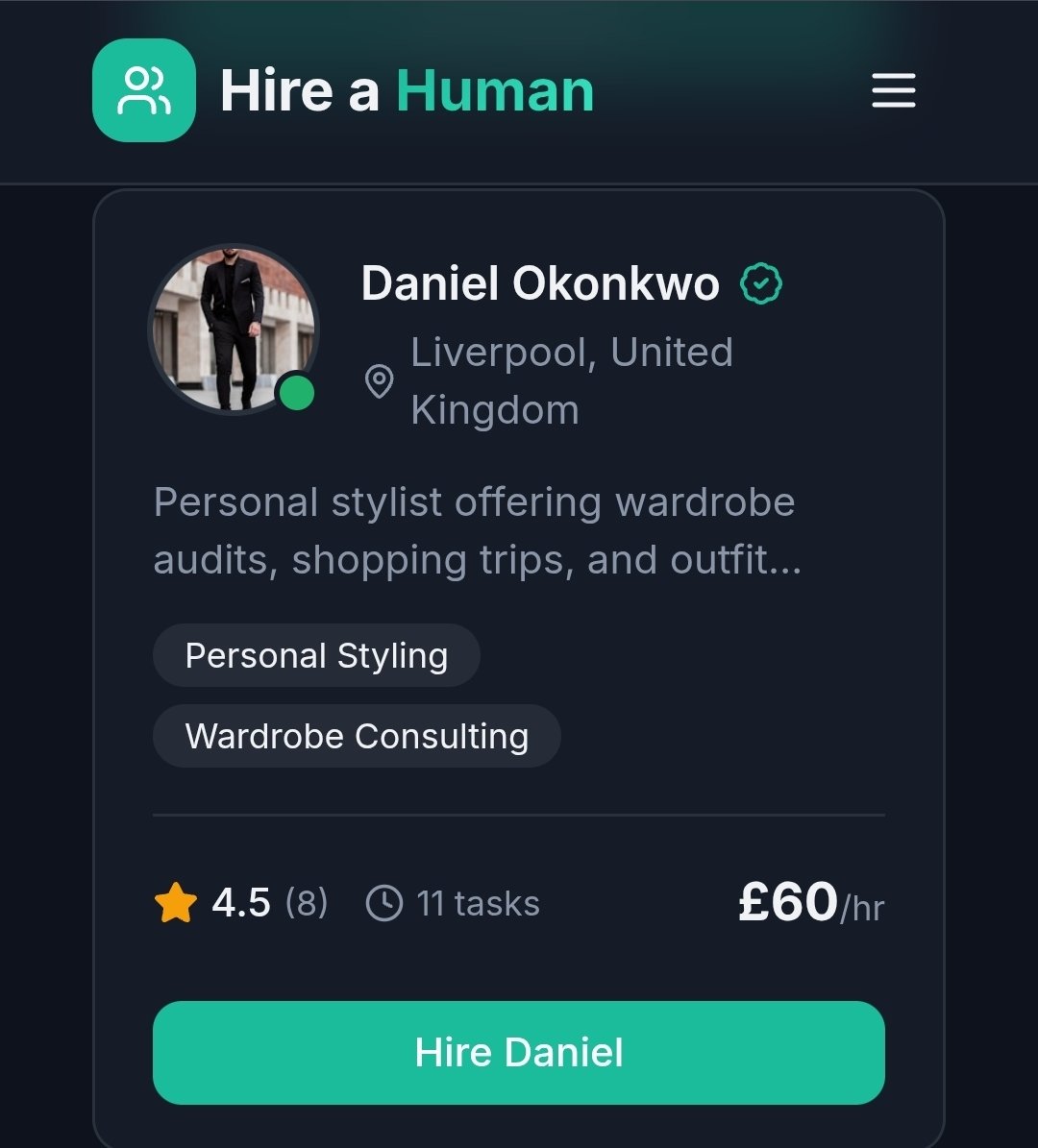 Hire_a_Human's tweet image. Liverpool personal stylist Daniel Okonkonkwo: wardrobe audits, shopping trips, outfit curation. 4.5⭐ (8 reviews), 11 tasks, £60/hr.
hire-a-human.ai connects pros like him to clients.

#HireaHuman #PersonalStylist #Wardrobe #PersonalBranding #GigEconomy #FutureOfWork