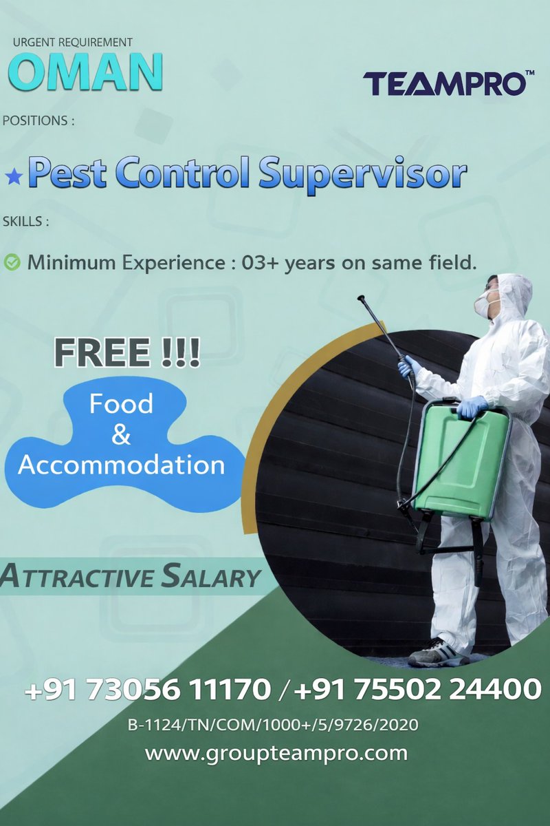 groupteampro's tweet image. 🚨 Urgent Hiring – Pest Control Supervisor | Oman

📩 Email: aruna.g@groupteampro.com

📞 Contact: +91 73056 11170 / +91 75502 24400
🌐 groupteampro.com

#Hiring #PestControl #SupervisorJobs #OmanJobs #GulfJobs #OverseasJobs #FacilitiesManagement