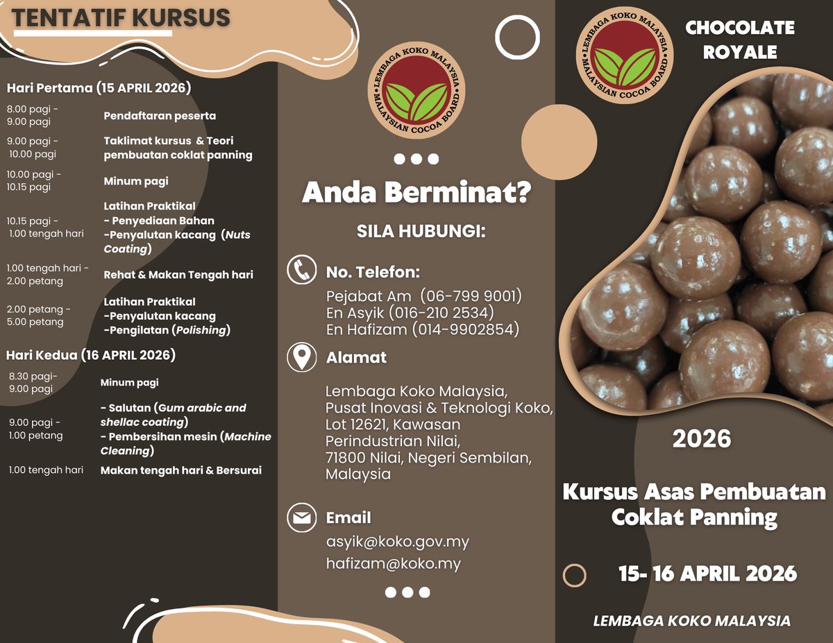lkm_gov's tweet photo. LKM akan menganjurkan Kursus Asas Pembuatan Coklat Panning, pada 15-16 April 2026, di Pusat Inovasi &amp; Teknologi Koko, Nilai, Negeri Sembilan.

Penyertaan terbuka kepada sesiapa yang berminat. 

#lembagakokomalaysia https://t.co/S1zSdZMdzx