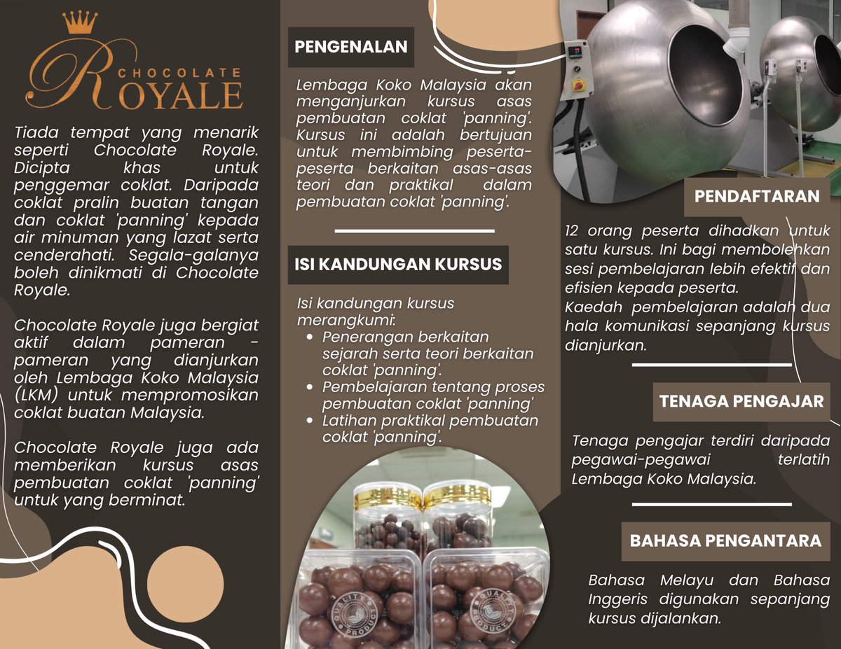 lkm_gov's tweet photo. LKM akan menganjurkan Kursus Asas Pembuatan Coklat Panning, pada 15-16 April 2026, di Pusat Inovasi &amp; Teknologi Koko, Nilai, Negeri Sembilan.

Penyertaan terbuka kepada sesiapa yang berminat. 

#lembagakokomalaysia https://t.co/S1zSdZMdzx