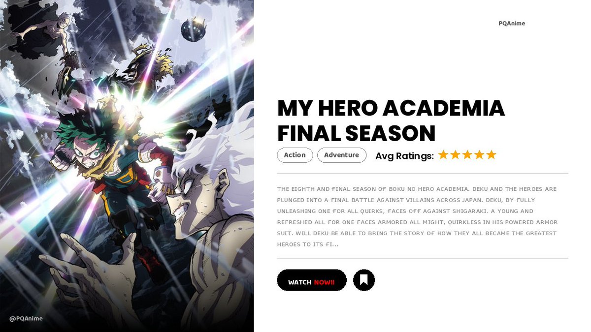 pqanime's tweet photo. My Hero Academia Season 8 in Hindi Dubbed | Final Season https://t.co/l98jDX7fP2 

My Hero Academia Season 8 is the final chapter of one of the greatest shounen anime series ever 
made. After nearly a decade of following Izuku Midoriya's journey from a powerless boy to the 
w... https://t.co/8wDpkkXYte