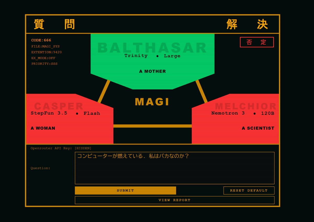 heyqule's tweet photo. Your Asian AI mom calls you an idiot.
#NeonGenesisEvangelion #MAGI #新世紀エヴァンゲリオン  #マギ #openrouter https://t.co/zN1ZaTNPa2
