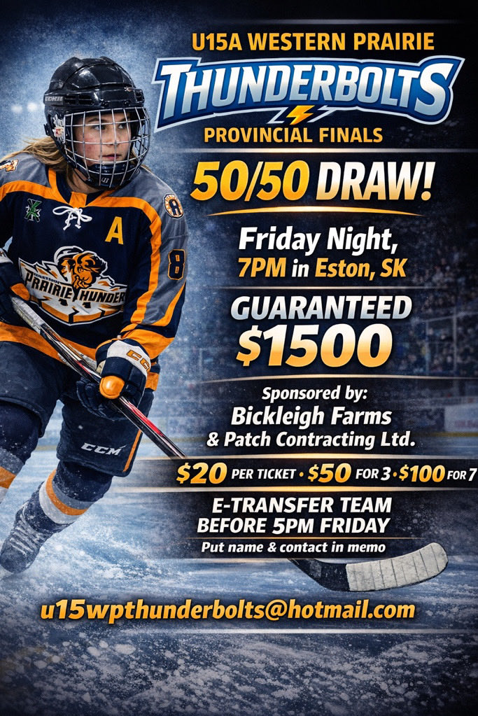 pernitskyn's tweet photo. Attn: West Central Sask hockey fans. Game 1 U15A Female Provincial Final is in Eston 7 pm Friday March 20 vs Moose Jaw. The girls are coming off a big North final win last weekend so come cheer them on. Guaranteed $1500 50/50, if unable to attend E-transfer details are in pic. https://t.co/t4cnnq44QK