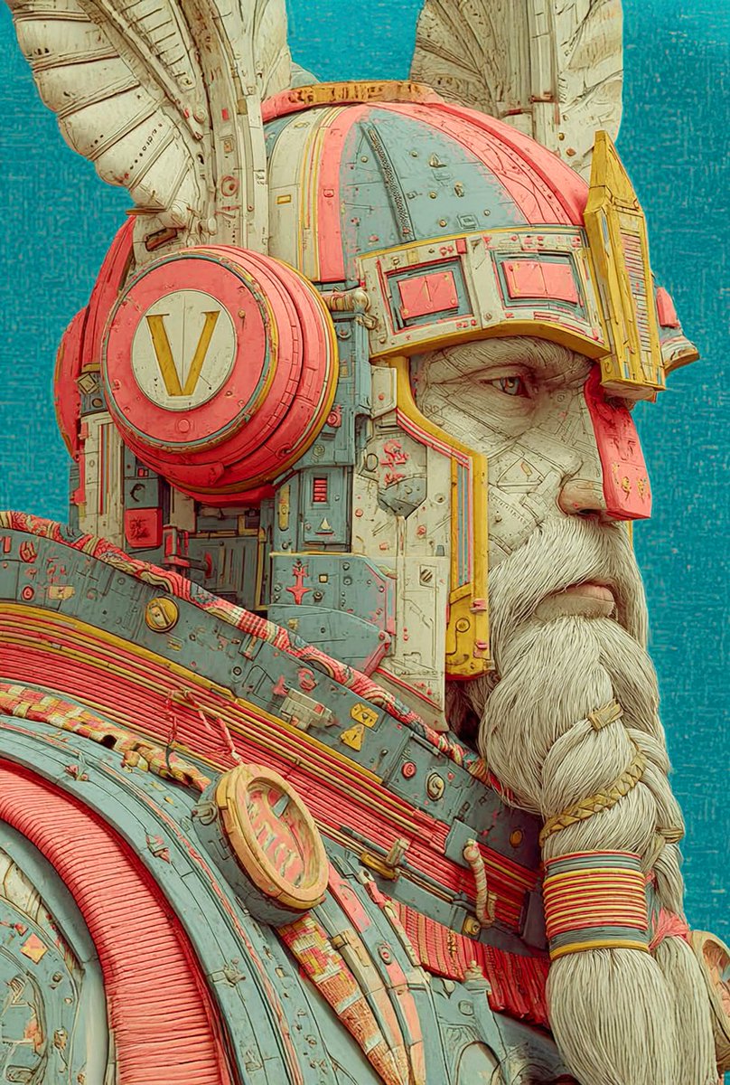 phokuinc's tweet image. A Viking of the new age, steel and circuitry fused with ancient myth, crowned in a battle spangenhelm as the old gods awaken in a digital world. #DigitalArt #Vaporwave #AIart