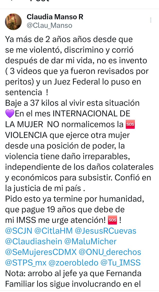 Monicao2712's tweet photo. 🚨Investiguen lo que está haciendo la señora Fernanda Familiar @qtf: es gravísimo y no se puede quedar impune. Además por evidenciarla me bloqueó.
La periodista @Clau_Manso pide ayuda  ya que acusa haber sido víctima de violencia laboral, discriminación y despido injustificado tras años de trabajo. No solo eso: ganó el juicio laboral, pero la señora @qtf se niega a cumplir con la indemnización que por ley le corresponde. 
Hablamos de una trabajadora que dedicó casi dos décadas a su empleo y hoy, incluso en condiciones vulnerables, sigue luchando por lo que legalmente ya ganó. 
Esto no es un “conflicto privado”.
Es un caso de abuso de poder, incumplimiento de la ley y  violencia laboral.

Por eso es indispensable la intervención de autoridades y representantes comprometidos con los derechos laborales:
@CitlaHM
@SCJN
@STPS_mx
@ClaraBrugadaM
@SeMujeresCDMX
No podemos normalizar que desde posiciones de poder se pisoteen derechos laborales, y menos cuando se trata de otra mujer.
Ccp presidenta @Claudiashein 
#NoticiasMéxico 
#ÚLTIMAHORA