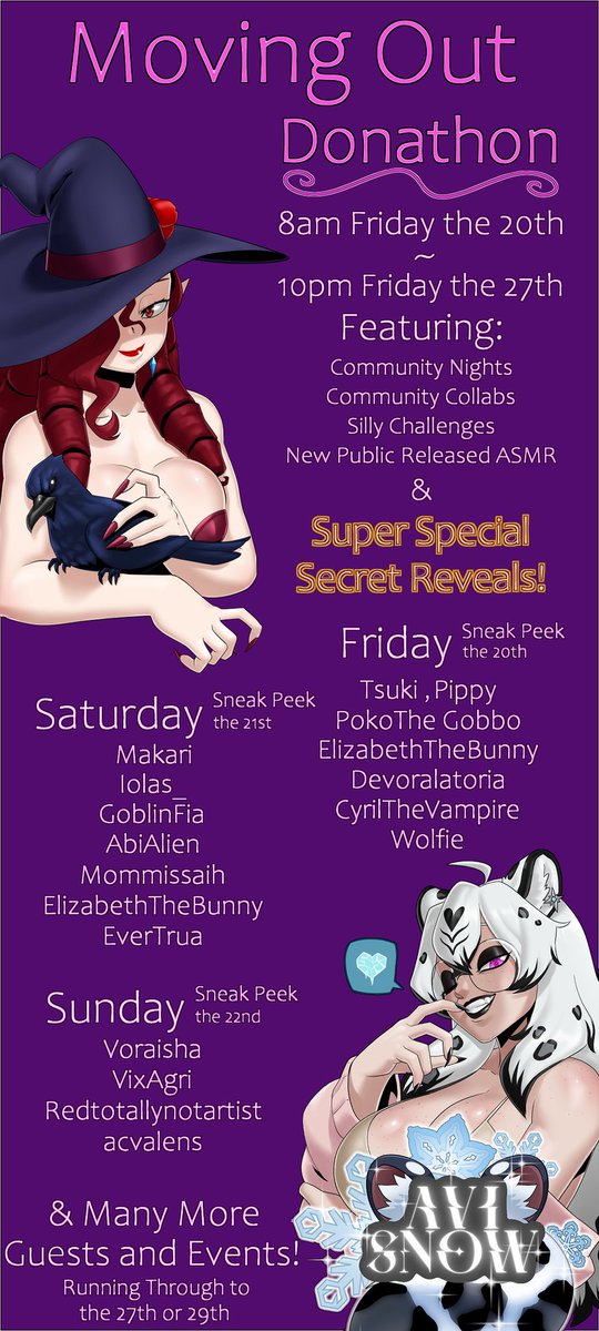 Guest line up for the first 3 days! 
<a href="/PokoGobbo/">Poko Gob 🏳️‍⚧️</a> <a href="/TsukiTsukuTsuku/">🔞TheOnlyTsuki🔞 (Comms Soon!)</a> <a href="/ElizabethAkita/">Elizabeth The Bunny Empress VT🏳️‍⚧️</a> Devora 
<a href="/Cyril_The_Vamp/">Cyril The Vampire VT</a> <a href="/WolfieRuon/">Wolfie ruon</a> <a href="/Makarimorph/">Makari</a> <a href="/iolasVT/">Iolas 💫🐑</a> <a href="/Goblinfia/">Fia the Goblin | Doglin Vtuber</a> <a href="/lVTKimarisTVl/">mommissiah</a> <a href="/EverTrua_TTV/">✩ Trua | Stardust Orca - DEBUT TBA 🌟</a> <a href="/VoraishaVore/">Voraisha 🐍 丸呑みの母</a> VixAgri <a href="/acvalensVT/">Ana V || Promo</a> <a href="/RedNotArtist/">RedTotallyNotArtist(18+)</a>