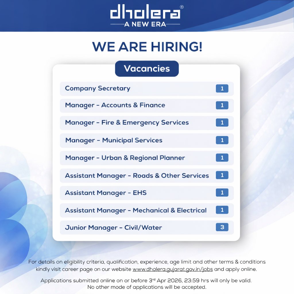 DholeraOfficial's tweet photo. We are hiring! Join us and be a part of our team at DICDL.
For more information, please visit https://t.co/gN1tRusLx7
#Dholera #DholeraSIR #Hiring #Hiringalert #Recruitment #vacancy #NICDC #Gujarat #Smartcity #Industrialcorridor #DMIC #Industrialcity #Plugandplay https://t.co/2fZSoCaB0I