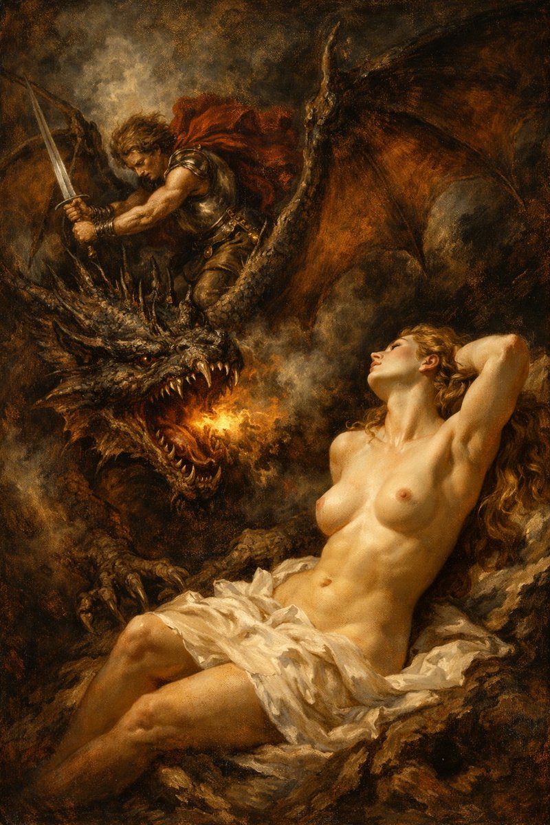 Dragon art with Siegfried and Brunhilde