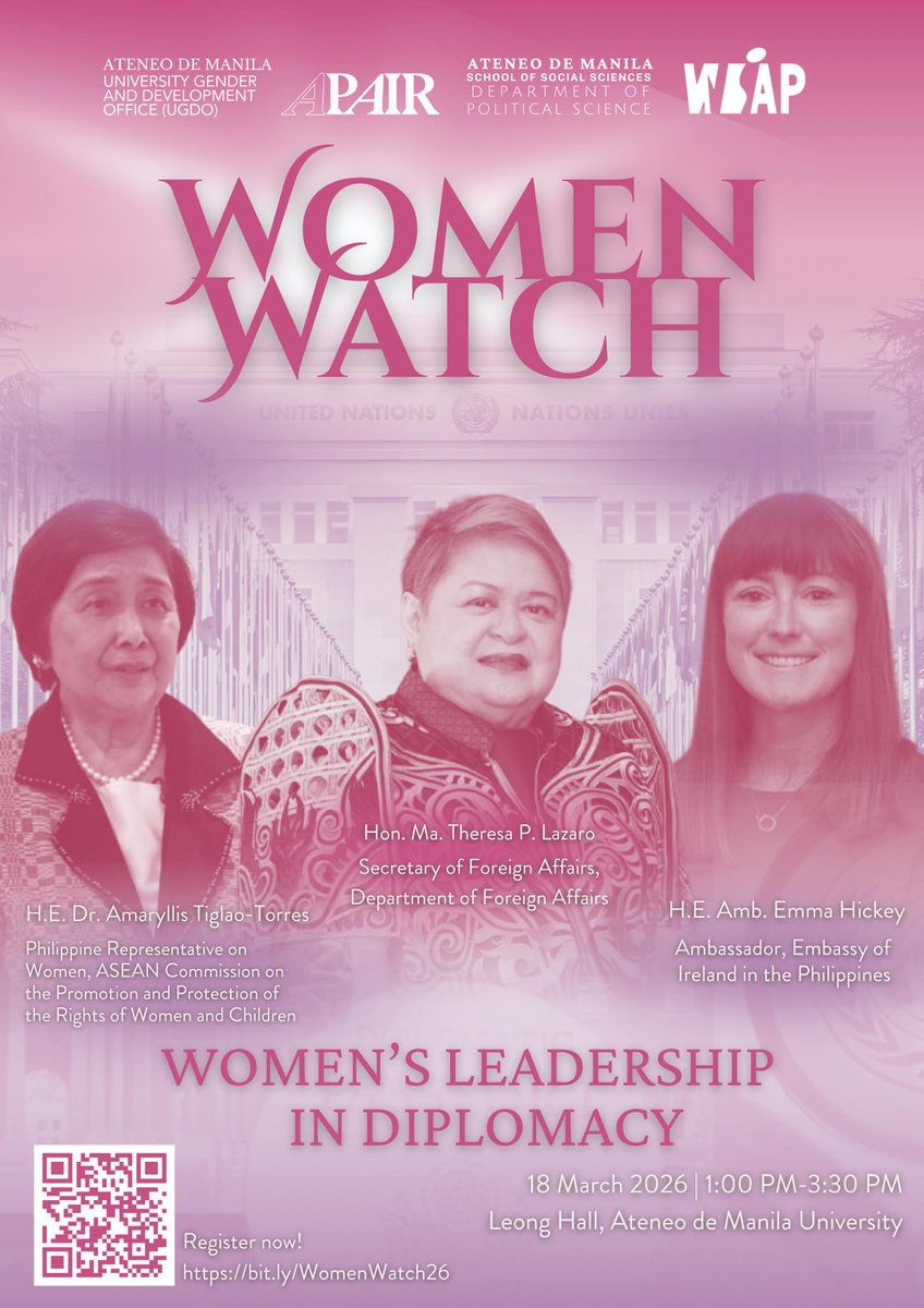 Isa_TheGDN's tweet photo. HAPPENING LATER: The Ateneo Project for Asian and International Relations hosts their forum entitled Women Watch: Women's Leadership in Diplomacy, at Leong Hall, from 1 to 3:30 PM. | @TheGUIDON https://t.co/SRf3GQEx9q