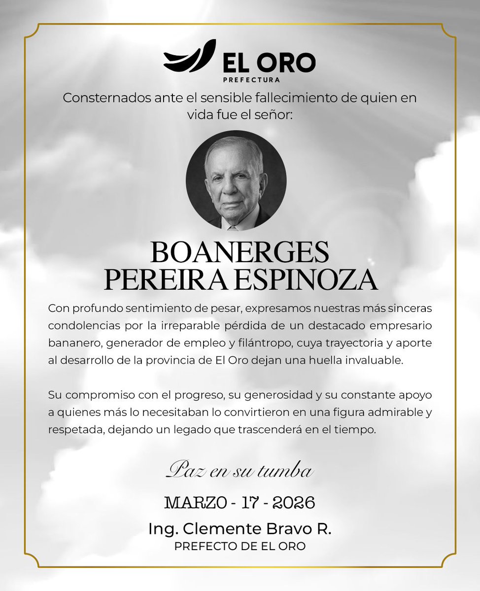 Nuestro más sentido pésame a familiares y amigos de quien en vida fue don Boanerges Pereira Espinoza. Su compromiso con el progreso, su generosidad y apoyo a la comunidad orense, lo convirtieron en una figura respetada y admirada, dejando un legado que trascenderá en el tiempo.🙏