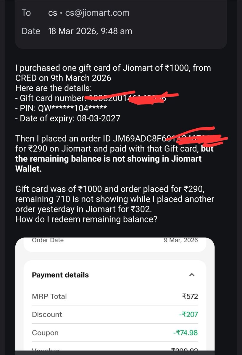 TweetingBanker's tweet photo. @JioMart_Support Whether cs@jiomart.com is not valid? Unable to reach out for grievance related to redemption of Gift Card purchased from @CRED_club
I am attaching the details of grievance also. Bought for 1000, redeemed on 290, remaining amount is not added in wallet. Why? https://t.co/9HwgjIQzzy