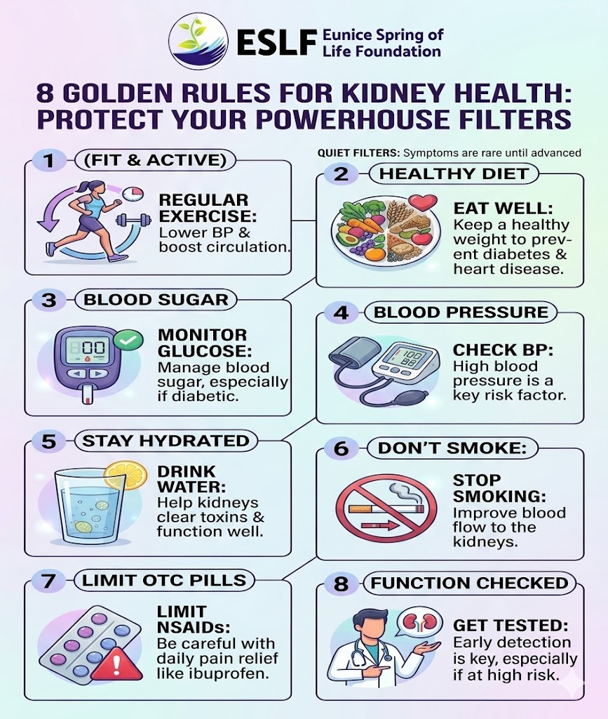 ESLFfoundation's tweet photo. Because we care about the health of your kidney, we urge you to observe these health tips, 8 golden rules for your kidney's health. 

#ESLFcares #CaringForPeople #ProtectingThePlanet #WorldKidneyDay https://t.co/EiSBIkojRf