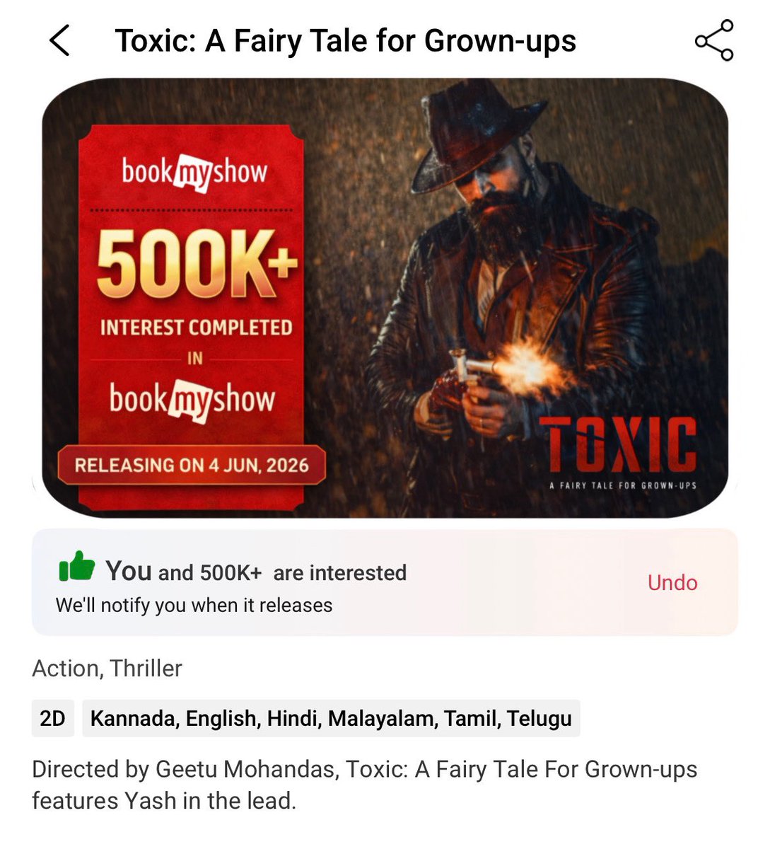 lambodhara1's tweet image. 500K+ Interest on @bookmyshow #TOXIC 

#Yash #ToxicTheMovie #ToxicOnJUNE4th

𝐈𝐍 Cinemas Worldwide On “𝟒th 𝐉𝐔𝐍𝐄 𝟐𝟎𝟐𝟔