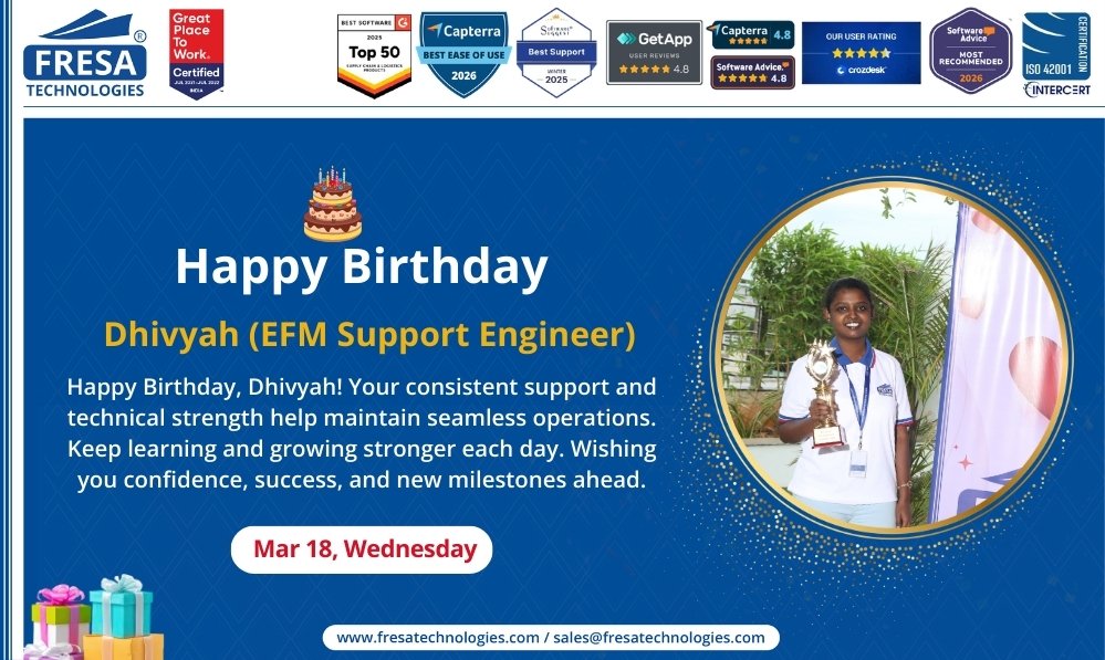 fresatechnology's tweet image. Join Our WhatsApp Channel for Daily Updates: whatsapp.com/channel/0029Va…

Happy Birthday, Dhivyah! 

📧  sales@fresatechnologies.com
📲 +91 93449 12004

#EmployeeBirthday #TeamCelebration #WorkplaceCulture #LifeAtFresa #TeamFresa #TeamSuccess #FresaTechnologies #LogisticsTechnology