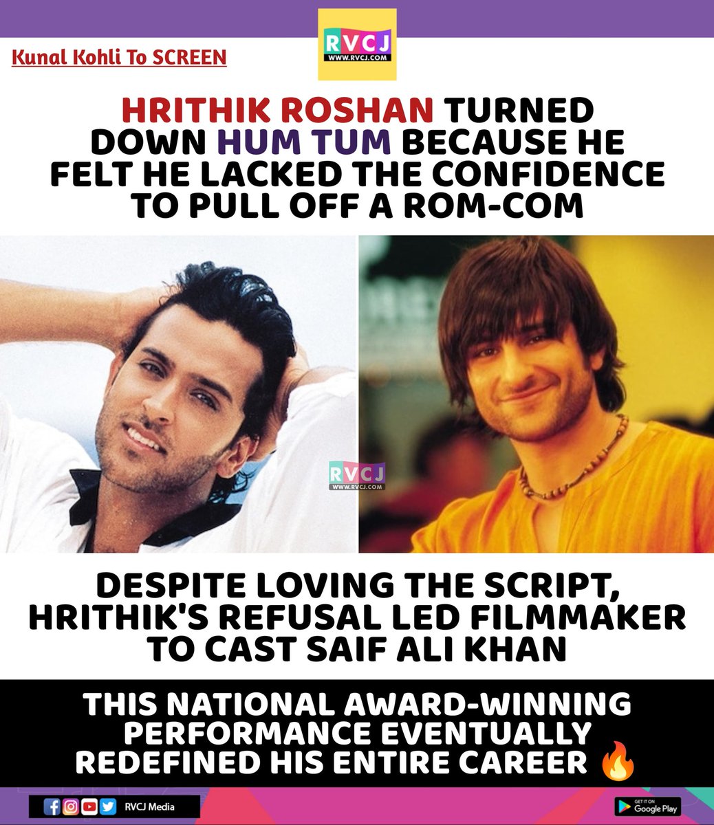 rvcjmovies's tweet image. Hrithik Roshan Rejected ‘Hum Tum’ Despite Liking Script

#hrithikroshan #saifalikhan #humtum #romcom #bollywood