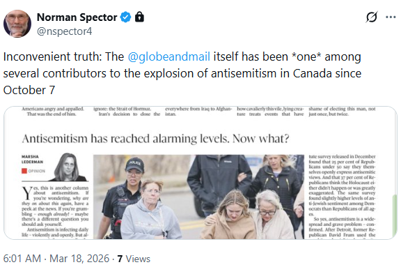 "Inconvenient truth: The <a href="/globeandmail/">The Globe and Mail</a> itself has been *one* among several contributors to the explosion of antisemitism in Canada since October 7" | <a href="/nspector4/">Norman Spector</a>