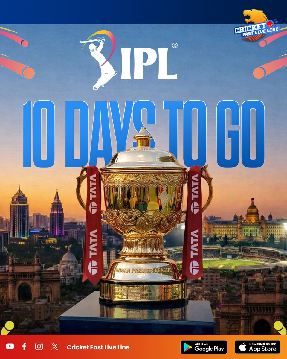cfll_official's tweet photo. 𝟏𝟎 𝐃𝐀𝐘𝐒 𝐓𝐎 𝐆𝐎 🔥
The countdown has officially begun! Just 10 days until the biggest cricket carnival returns. The IPL trophy is ready, the teams are locked in, and the fans are buzzing with excitement. 🏏
.
.
.
#IPL2026 #IPL #IndianPremierLeague #IPLCountdown https://t.co/RoOHG9667k