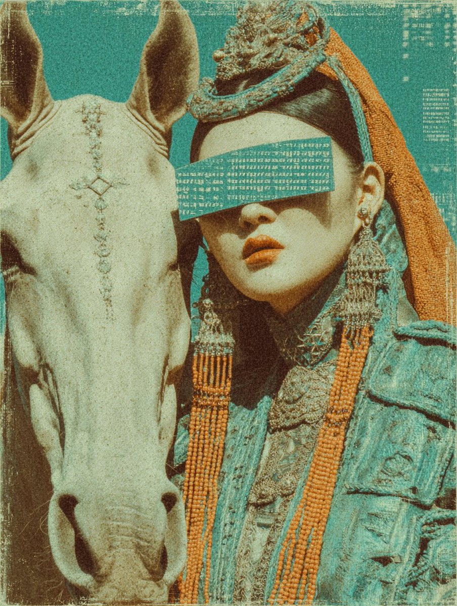 phokuinc's tweet image. A Mongolian princess in ancestral armor, cybernetic gaze. Past and future woven in one portrait. #midjourney #Vaporwave #AIart #Surrealism