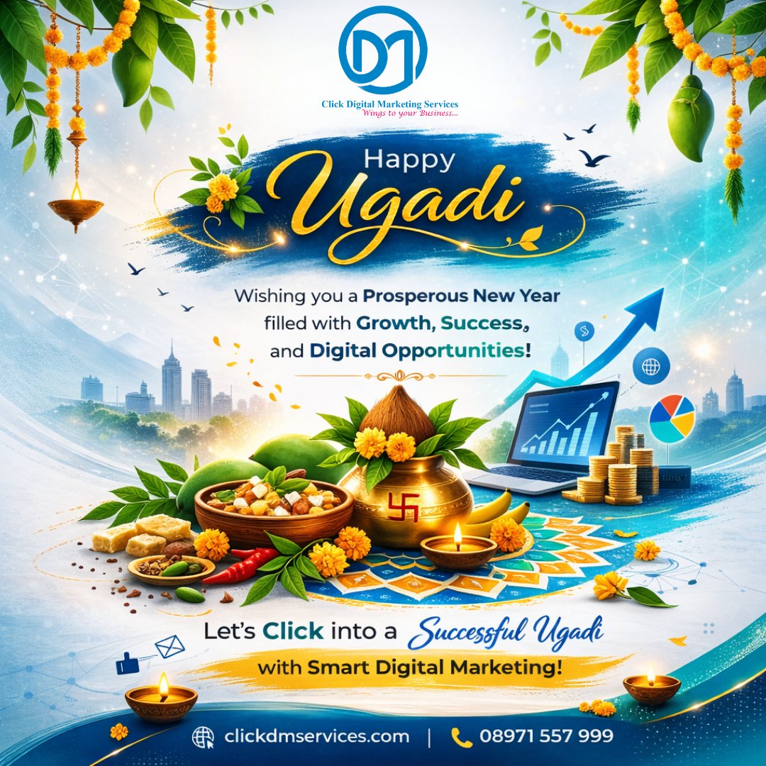 ClickDMService's tweet image. Wishing you a very Happy Ugadi from the entire team at Click Digital Marketing Services!
This auspicious festival marks the beginning of a new era, and we are excited to help your business reach new heights in the digital world. 
#HappyUgadi #CDMS #ClickDMServices #Success #sales