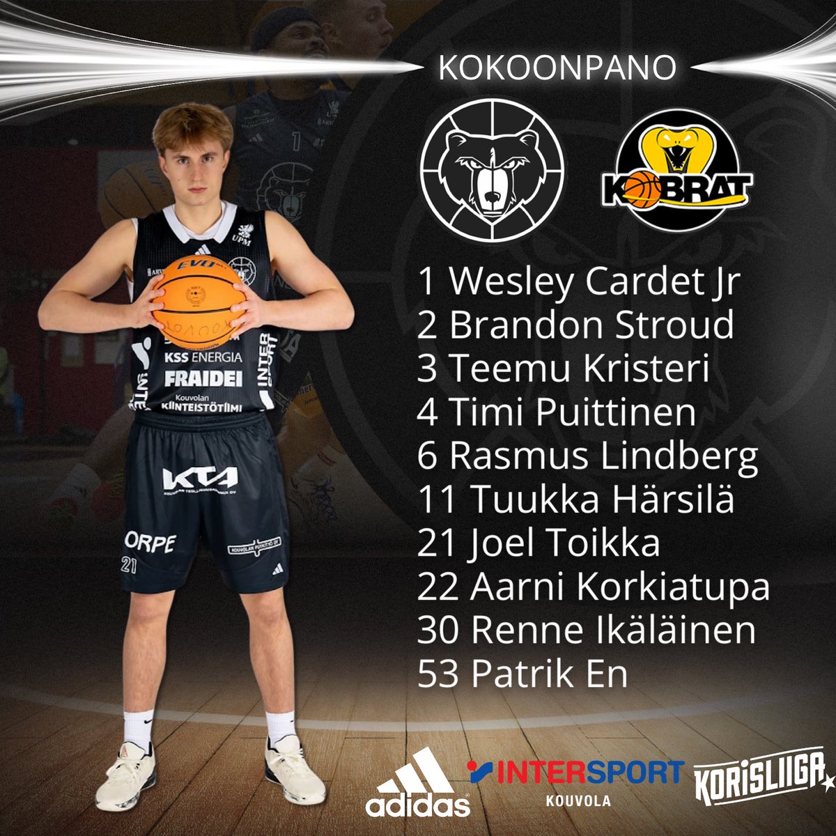 Kouvot's tweet photo. Kouvot tänään kauden viimeisessä ottelussa #kouvot #kouvotbasket #korisliiga #intersport #adidas https://t.co/HpvlPyIWTY