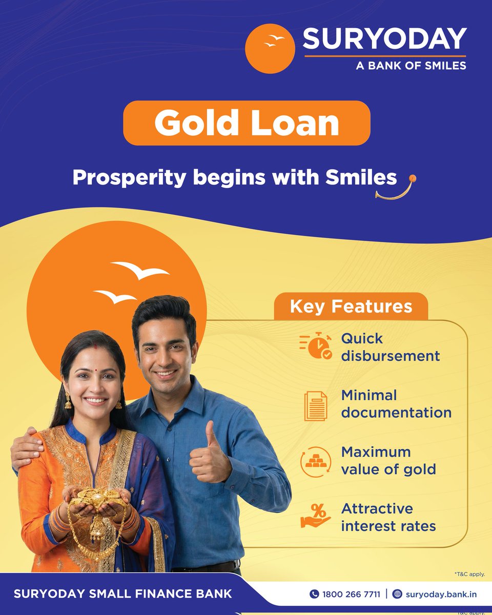 SuryodayBank's tweet image. Prosperity that begins with a smile.
Suryoday Gold Loan- quick disbursement with attractive interest rates.

Click to aaply: suryoday.bank.in/personal/loans…

#goldloan #financialdecision #interestrates #bankofsmiles #suryodaybank