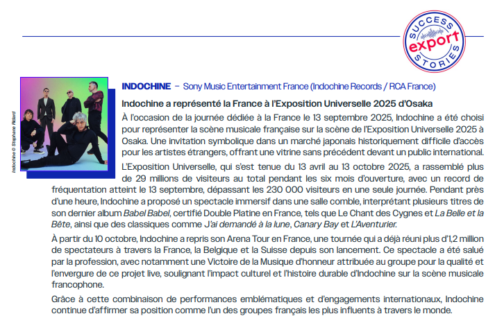 "Indochine continue d’affirmer sa position comme l’un des groupes français les plus influents à travers le monde."

👉 Dans un dossier consacré à la production musicale française en 2025, le <a href="/snep/">Le SNEP</a> s'est intéressé à la portée des artistes à l'étranger.

🇫🇷 snepmusique.com/communiques-do…