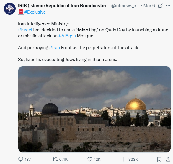 iribnews_irib's tweet photo. 🚨🚨🚨False Flag is coming...

Previously, on several occasions, the authorities of #Iran announced that the Israeli authorities intend to use a #false_flag to blame Iran for damaging the #AlAqsa Mosque. https://t.co/dbVhbgdJYo
